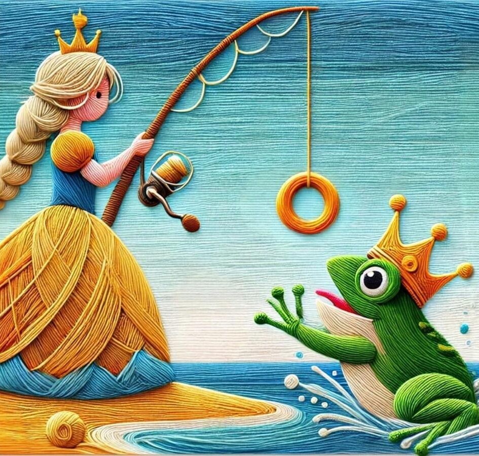 Ilustrace z vlny: princezna s korunkou chytá na udici žabího prince.